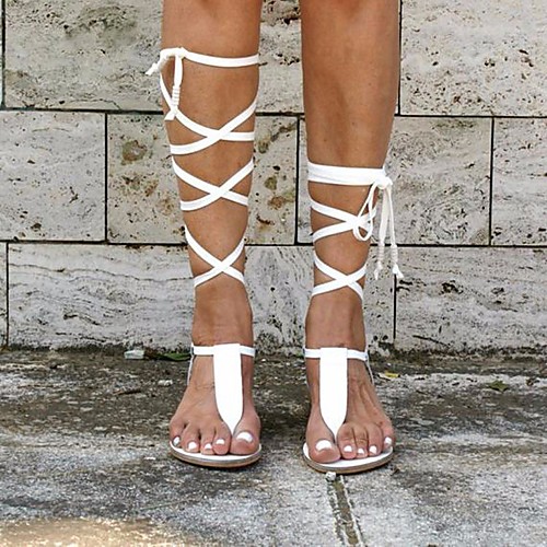 

Women's Sandals Lace up Boho Bohemia Beach Flat Heel Round Toe Rubber PU Solid Colored White Yellow Black