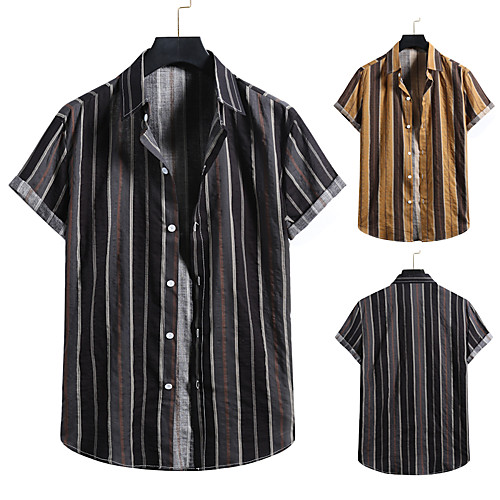 

Men's Shirt Other Prints Striped Print Short Sleeve Casual Tops Tropical Hawaiian Black / Gray Yellow