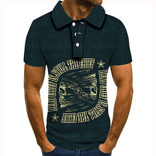 

Men's Golf Shirt Tennis Shirt 3D Print Skull Letter Button-Down Short Sleeve Street Tops Casual Fashion Cool Navy Blue / Sports