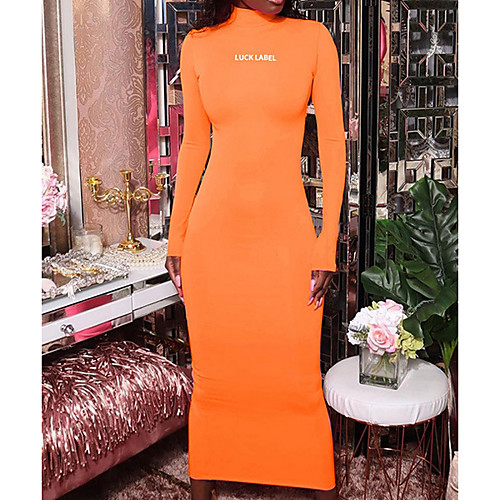 

Women's A Line Dress Midi Dress Orange Black Long Sleeve Letter Summer Turtleneck Elegant 2021 S M L / Cotton / Cotton