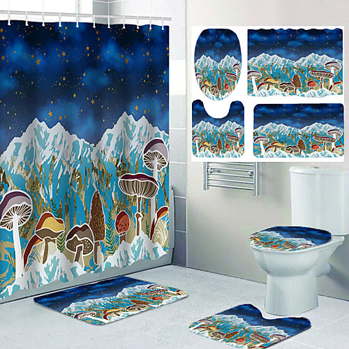 

Fantasy Theme Starry Sky Mountain Mushroom Bathroom Waterproof Shower Curtain and Hook Cushion Four-piece Casual Decoration