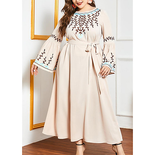 

Women's Kaftan Dress Maxi long Dress Beige Long Sleeve Floral Patchwork Summer Round Neck Casual 2021 M L XL XXL 3XL 4XL