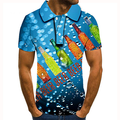 

Men's Golf Shirt Tennis Shirt 3D Print Graphic Prints Wine bottle Button-Down Short Sleeve Street Tops Casual Fashion Cool Blue / Sports