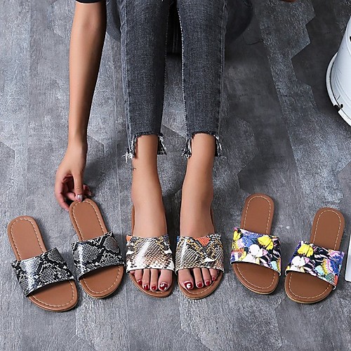 

Women's Sandals Outdoor Slippers Flat Heel Round Toe PU Solid Colored Black Brown Rainbow