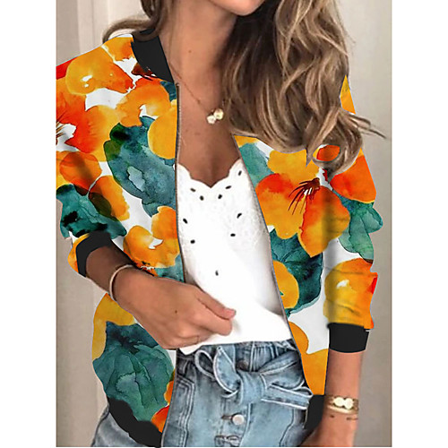 

Women's Jacket Daily Fall Spring Regular Coat V Neck Regular Fit Sporty Casual Jacket Long Sleeve Floral Print Yellow / Holiday