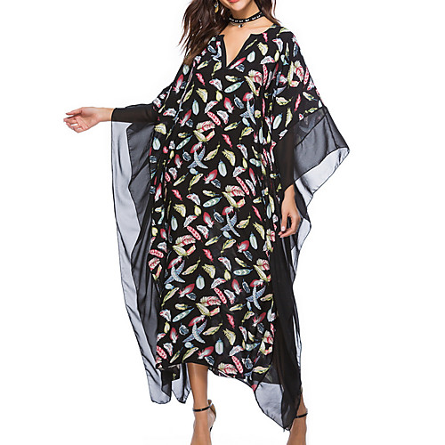 

Women's Swing Dress Midi Dress Green Black Red Long Sleeve Floral Patchwork Print Fall Summer V Neck Elegant Casual 2021 One-Size