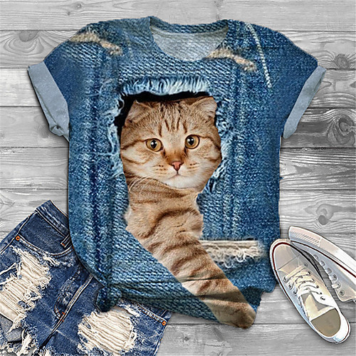 

Women's Plus Size Tops T shirt Cat Graphic Animal Print Short Sleeve Crewneck Basic Blue Big Size XL XXL 3XL 4XL 5XL / Holiday