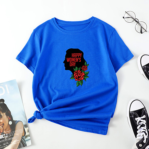 

Women's T shirt Floral Portrait Letter Print Round Neck Tops Cotton Basic Basic Top White Blue Red
