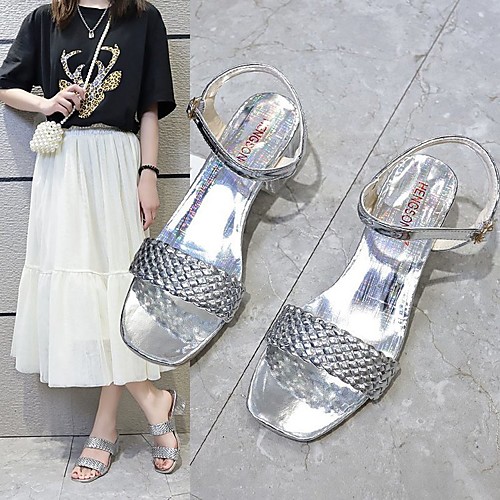 

Women's Sandals Cuban Heel Square Toe Patent Leather PU Solid Colored Silver Silver