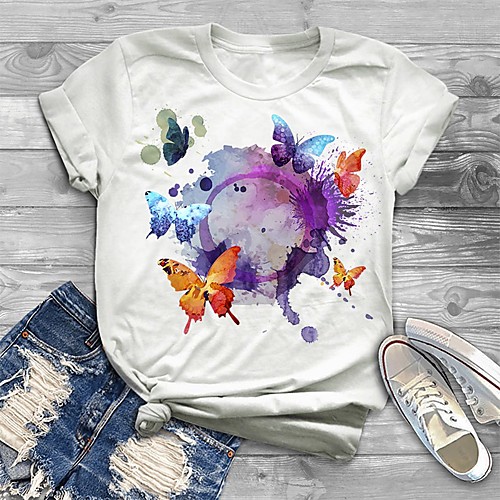 

Women's Plus Size Tops T shirt Graphic Butterfly Print Short Sleeve Crewneck Basic White Big Size XL XXL 3XL 4XL 5XL