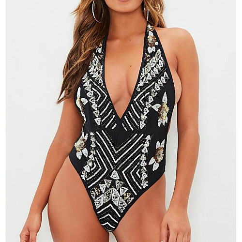 

Women's One Piece Monokini Swimsuit High Waist Open Back Print Geometric Abstract Black Swimwear Padded Strap Bathing Suits New Textured Vintage / Tattoo / Cross