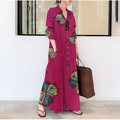

2021 european and american cotton and linen printing lapel long-sleeved pocket simple loose literary leisure long shirt dress