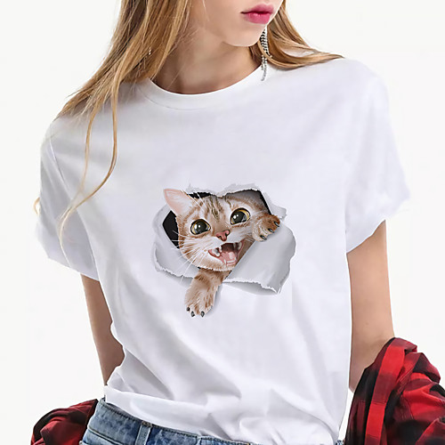 

Women's 3D Printed T shirt Cat 3D Animal Print Round Neck Tops 100% Cotton Basic Basic Top White Black Red