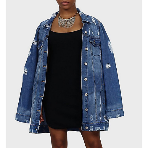 

Women's Jacket Daily Fall Spring Regular Coat Regular Fit Casual Jacket Long Sleeve Solid Colored Patchwork Navy Blue / Denim