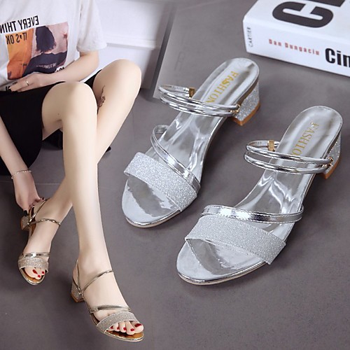 

Women's Sandals Cuban Heel Open Toe Patent Leather Leopard Gold Silver