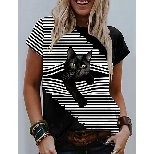 

Women's 3D Cat T shirt Striped Cat 3D Print Round Neck Basic Tops Black