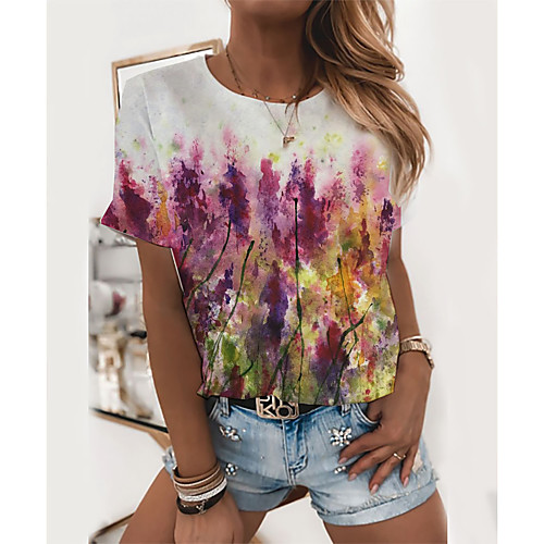 

Women's T shirt Floral Graphic Scenery Print Round Neck Tops Basic Basic Top White Purple Red