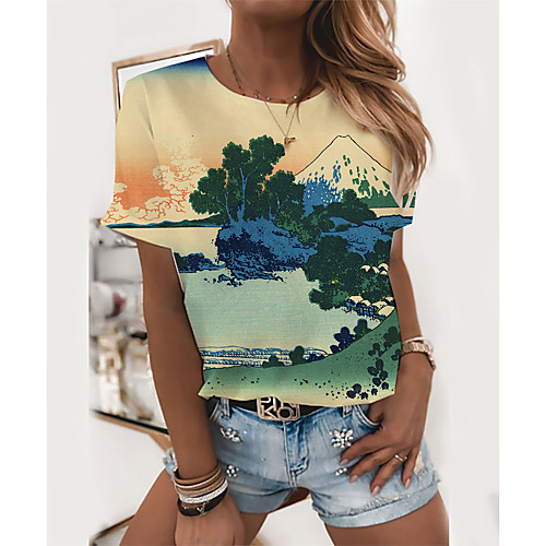 

Women's T shirt Graphic Scenery Ukiyoe Print Round Neck Tops Basic Basic Top Blue Red Green