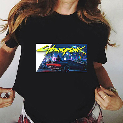 

Women's Holiday Cyberpunk 2077 T shirt Graphic Scenery Letter Print Round Neck Basic Tops 100% Cotton Purple Yellow Black