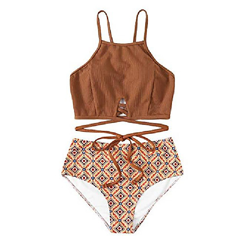 

Women's Bikini 2 Piece Swimsuit High Waist Tie Knot Solid Color Khaki Brown Swimwear Bathing Suits New Casual Fashion / Padded Bras / Beach