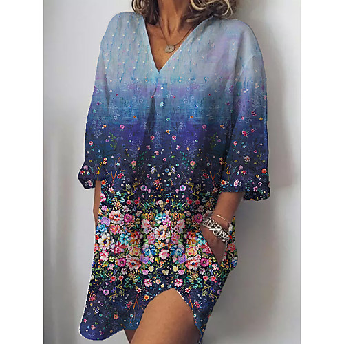 

Women's Shift Dress Short Mini Dress Yellow Navy Blue 3/4 Length Sleeve Floral Print Spring Summer V Neck Vintage Loose 2021 S M L XL XXL 3XL