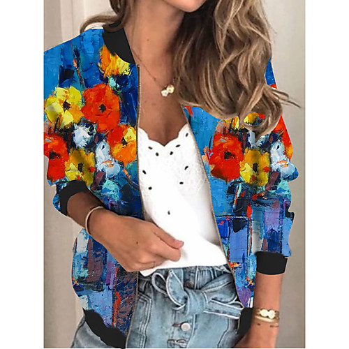 

Women's Jacket Daily Fall Spring Long Coat V Neck Regular Fit Sporty Casual Jacket Long Sleeve Floral Print Blue / Holiday