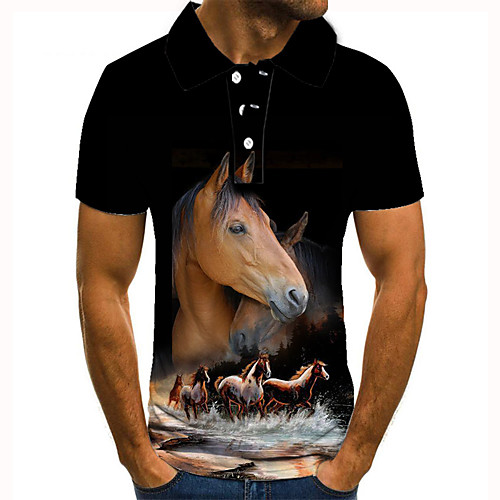 

Men's Golf Shirt Tennis Shirt 3D Print Horse Animal Button-Down Short Sleeve Street Tops Casual Fashion Cool Black / Sports