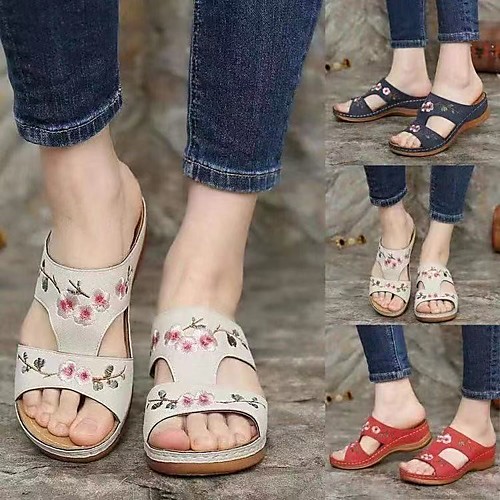 

Women's Loafers & Slip-Ons Comfort Shoes Wedge Heel Peep Toe PU Flower Floral Solid Colored Light Red Black Beige