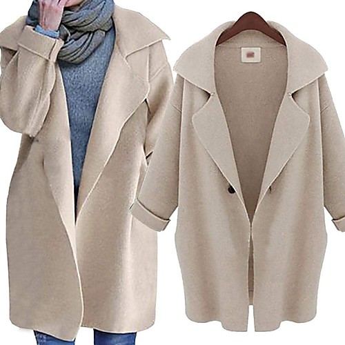 

Women's Coat Street Fall Winter Long Coat Notch lapel collar Oversized Casual Jacket Long Sleeve Solid Color Classic Style khaki Dark Gray / Spring / Cotton