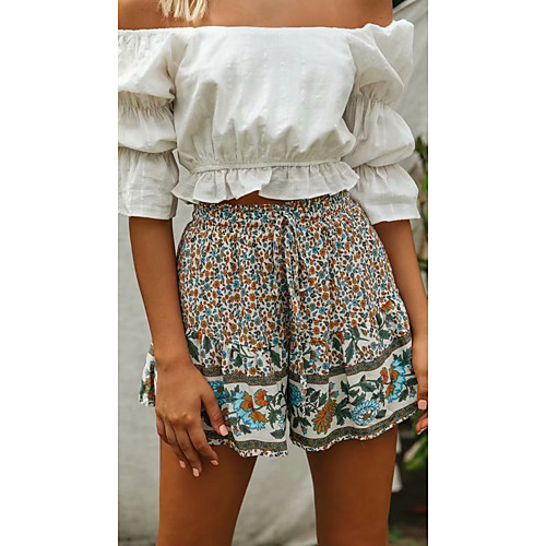 

Women's Streetwear Chino Comfort Holiday Going out Shorts Pants Floral Graphic Full Length Elastic Drawstring Design Print Beige