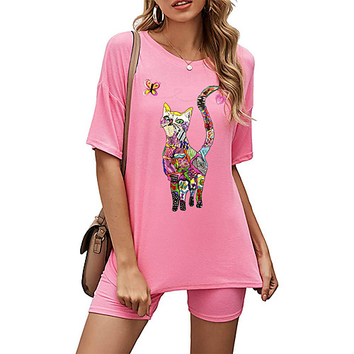 

Women's Basic Streetwear Cat Butterfly Heart Vacation Casual / Daily Two Piece Set Crew Neck Tracksuit T shirt Loungewear Biker Shorts Print Tops