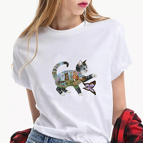 

Women's T shirt Cat Animal Print Round Neck Tops 100% Cotton Basic Basic Top White Blue Green
