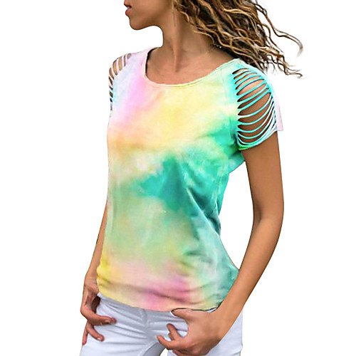 

Women's T shirt Tie Dye Round Neck Tops Sexy Basic Top Blue Blushing Pink Green