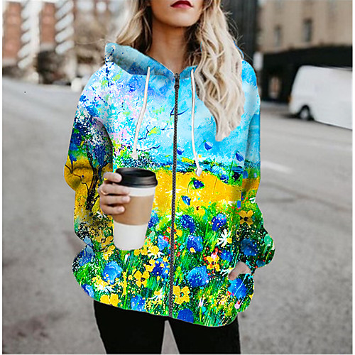 

Women's Jacket Daily Fall Spring Regular Coat Regular Fit Casual Jacket Long Sleeve Floral Print Light Blue / Holiday