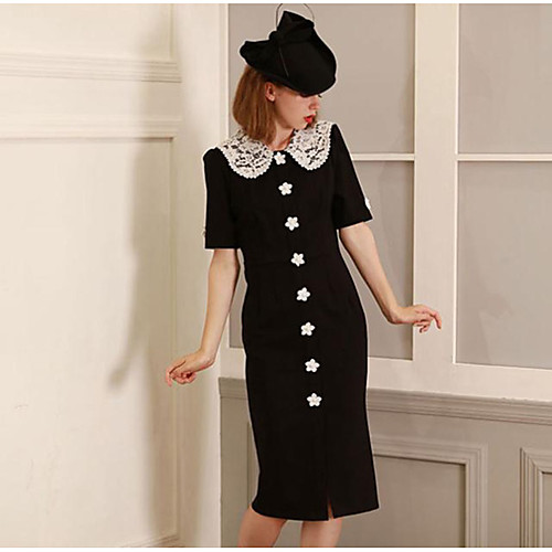 

Sheath / Column Little Black Dress Vintage Homecoming Cocktail Party Dress Peter Pan Collar Half Sleeve Knee Length Stretch Fabric with Pearls 2021