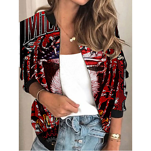 

Women's Jacket Daily Spring Summer Regular Coat V Neck Regular Fit Sporty Casual Jacket Long Sleeve Animal Patterned Print Red / Holiday