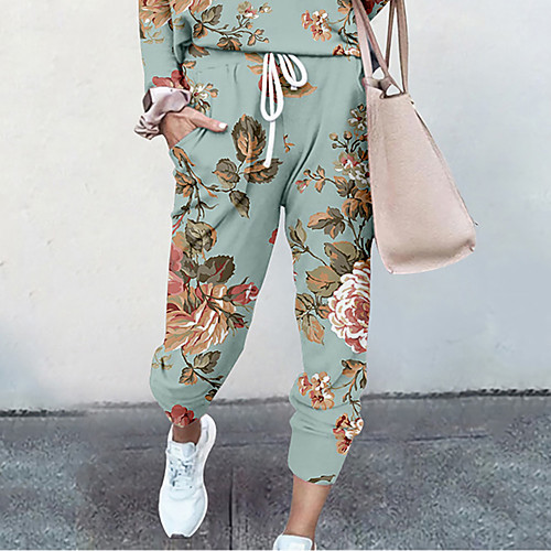 

Women's Basic Soft Comfort Daily Home Jogger Pants Flower / Floral Graphic Prints Full Length Elastic Drawstring Design Print Green