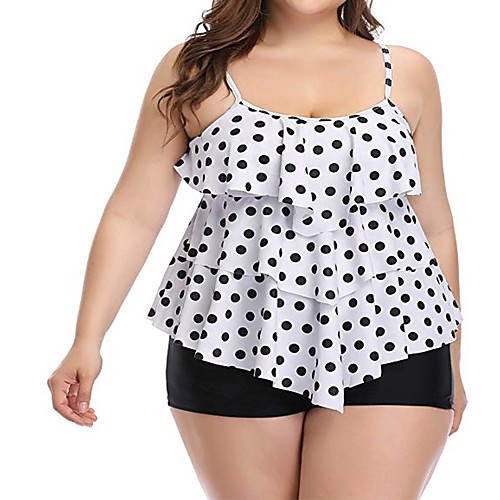 

Women's Swimwear Swimsuit Dot Black pink flower Green leaves on white Retro polka dot Black Red Plus Size Swimwear Bathing Suits Casual