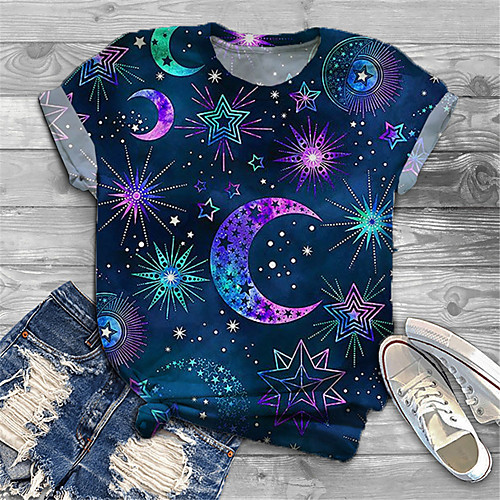 

Women's Plus Size Tops T shirt Galaxy Graphic Print Short Sleeve Crewneck Basic Blue Big Size XL XXL 3XL 4XL 5XL / Holiday