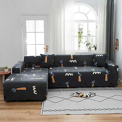 

Dark Gray Cartoon Print Dustproof All-powerful Stretch L Shape Sofa Cover Super Soft Fabric Sofa Furniture Protector with One Free Boster Case