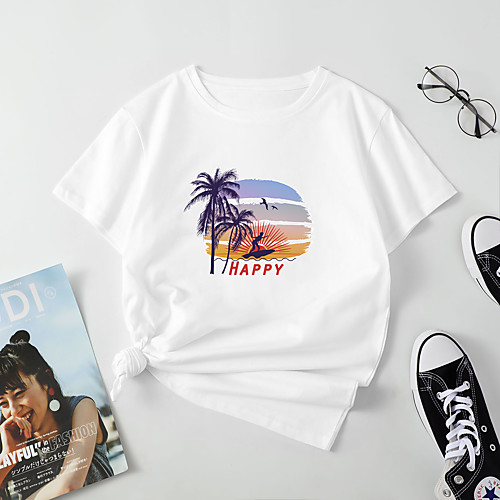 

Women's T shirt Scenery Letter Print Round Neck Tops Cotton Basic Basic Top White Black Blue
