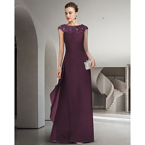 

Sheath / Column Mother of the Bride Dress Elegant Jewel Neck Floor Length Chiffon Lace Sleeveless with Ruffles 2021