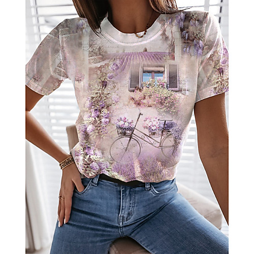 

Women's Floral Theme 3D Printed Painting T shirt Floral Graphic Scenery Print Round Neck Basic Tops Purple