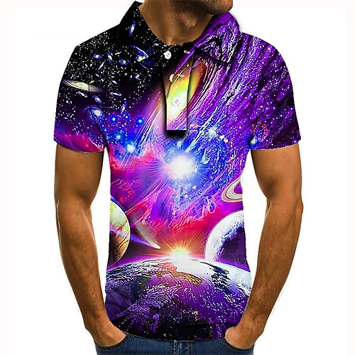 

Men's Golf Shirt Tennis Shirt 3D Print Graphic Prints Starry Sky Earth Button-Down Short Sleeve Street Tops Casual Fashion Cool Purple / Sports