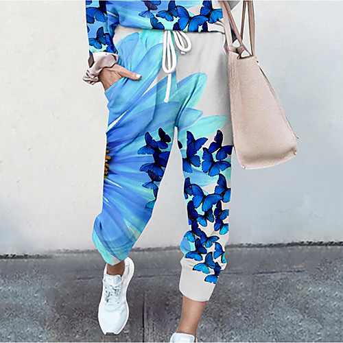

Women's Basic Soft Comfort Daily Home Jogger Pants Butterfly Flower / Floral Full Length Elastic Drawstring Design Print Blue