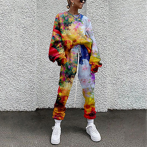 

Women's Basic Streetwear Floral Vacation Casual / Daily Two Piece Set Crew Neck Tracksuit T shirt Pant Loungewear Drawstring Print Tops / Loose