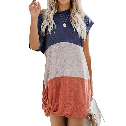 

Women's T shirt Color Block Round Neck Tops Basic Basic Top Wine Orange Khaki