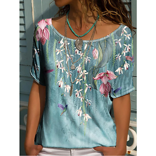 

Women's Floral Theme T shirt Floral Crew Neck Round Neck Basic Tops Loose Blue