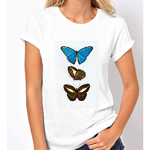 

Women's T shirt Graphic Butterfly Print Round Neck Tops 100% Cotton Basic Basic Top White Blue Rainbow