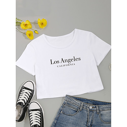 

Women's Crop Tshirt Letter Print Round Neck Tops Cotton Basic Basic Top White Black